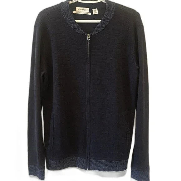 Calvin Klein Men’s Merino Wool Zip Sweater Jacket Navy Blue Size M
