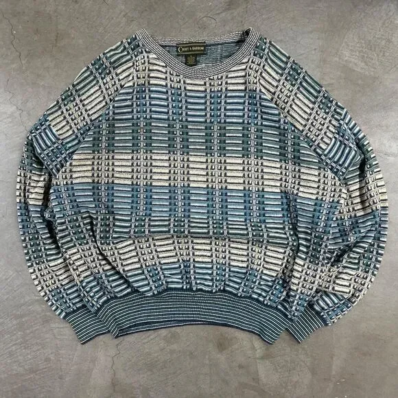 Vintage Croft & Barrow blue and white plaid cotton, acrylic & nylon sweater