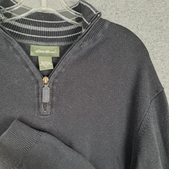Eddie Bauer Men's Mock Neck Sweater Size LT Quarter Zip Cotton Cashmere Blalck