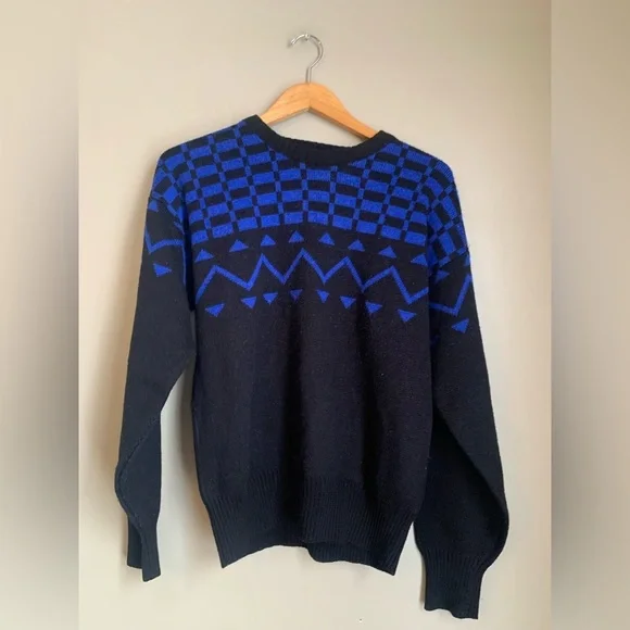 Vtg Hermans Sweater Blue black Wool Blend Knit Nordic Geometric Fair Isle Small