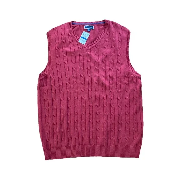 Club Room Cotton Sweater Vest Mens Sz‎ XL New Red V-Neck Cable-Knit Pullover