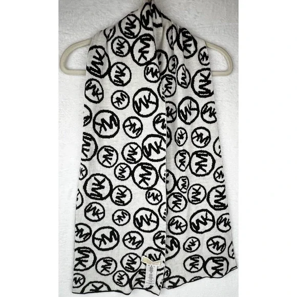 Michael Kors Scarf Womens Black White Knitted MK Monogram Logo Classic‎ Designer