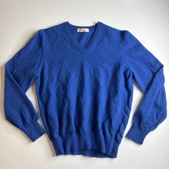 Vintage Gran Sasso V Neck Sweater Royal Blue Mens Small Fine Merino Wool Luxury