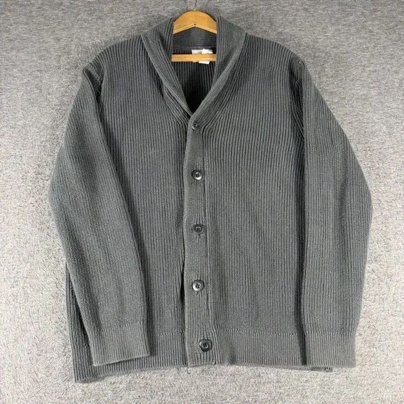 Men's Cardigan Sweater Shawl Collar Fisherman Gray Ribbed Knit Grandpacore SZ L
