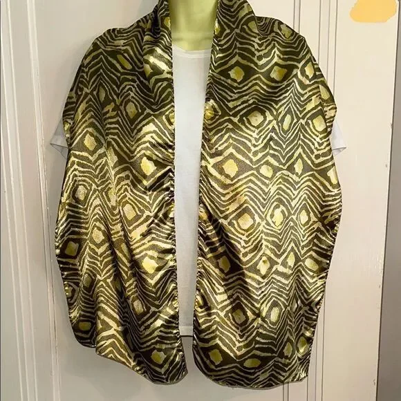 Vintage Chartreuse Green, Gold &‎ Gray Animal Patterned Long Polyester Scarf