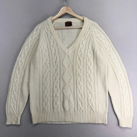 Vintage 80s Kinsport Cricket Sweater sz Large Cream‎ Fisherman V-Neck Cable Knit