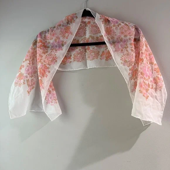 Unbranded Floral Scarf Womens OS White Pink Good Semi-Sheer Lightweight Wrap