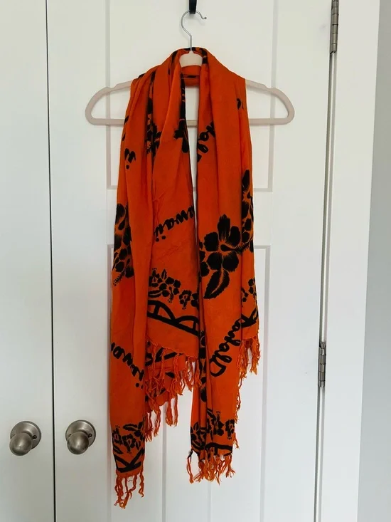 Orange Floral Fringe Scarf -