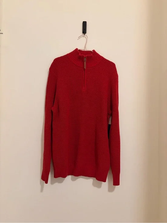 Lands' End Red Chunky Waffle-Knit Half-Zip Sweater