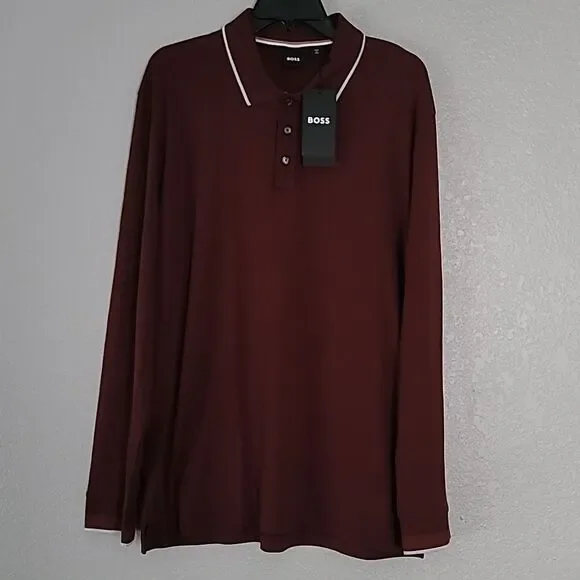 Hugo Boss Dark Red Long Sleeve Polo Jersey  Pullover Shirt XXL