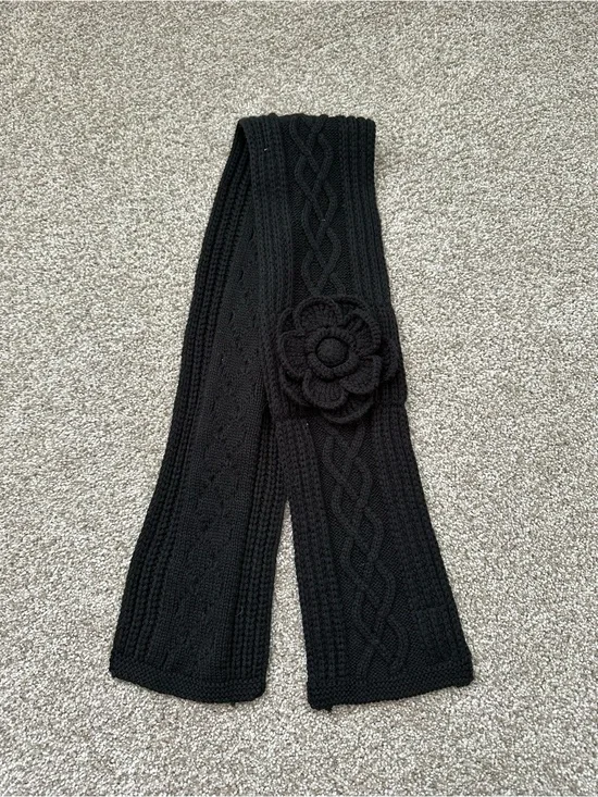 Mud Pie Black Knit Scarf with Flower Accent
