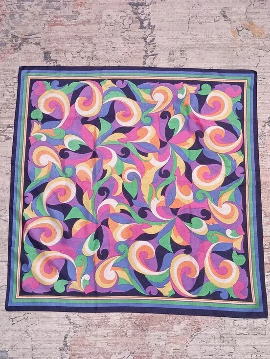 Vintage Large Paisley Print Colorful Silk Scarf