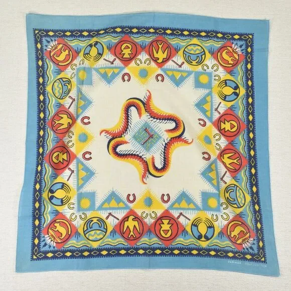 Vintage 80s Bandana Southwestern Tribal Native Print Light Blue 20.5x21 Cotton