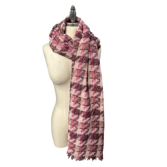 Vince Camuto Pink Burgundy Cream Metallic Houndstooth Fringed Scarf Wrap‎