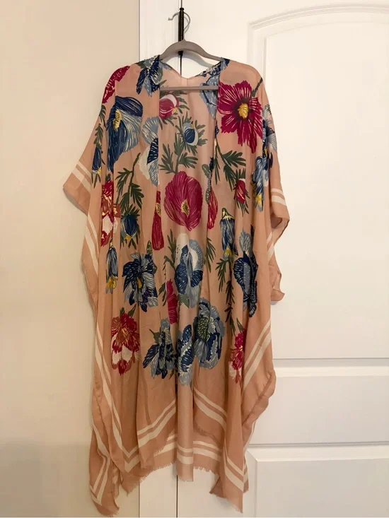 Floral Kimono Cover-Up in Blush with Multicolor Blooms