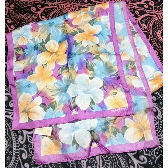 Vintage Elaine‎ Gold Blue & Purple Floral 100% Silk Scarf, 11