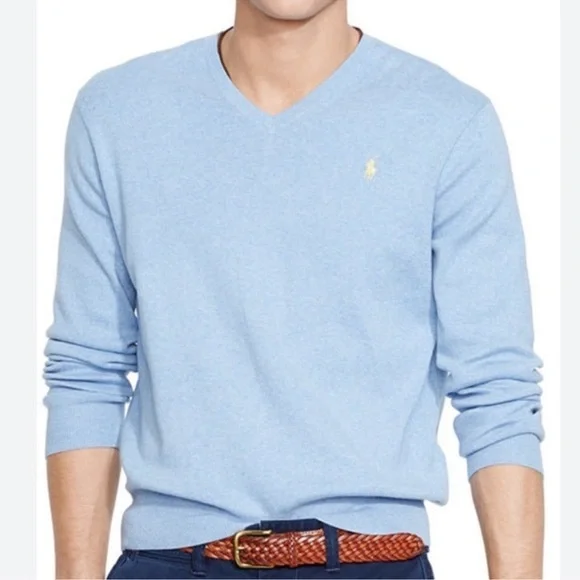 Polo by Ralph Lauren V Neck 100% Pima Cotton Pullover Sweater Blue sz XL
