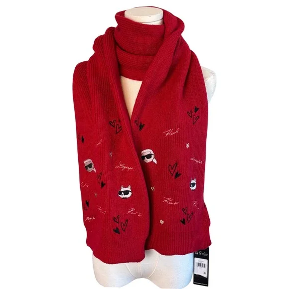 NEW Karl Lagerfeld Paris Scarf Red Novelty Embroidered Knit Ribbed L5KS8131