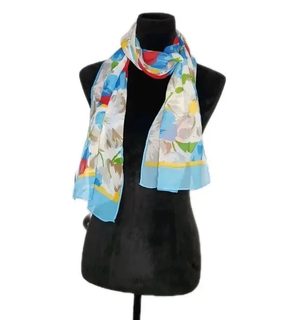 Vintage 80's Bill Blass Silk Rectangle Scarf Floral Daisies 60