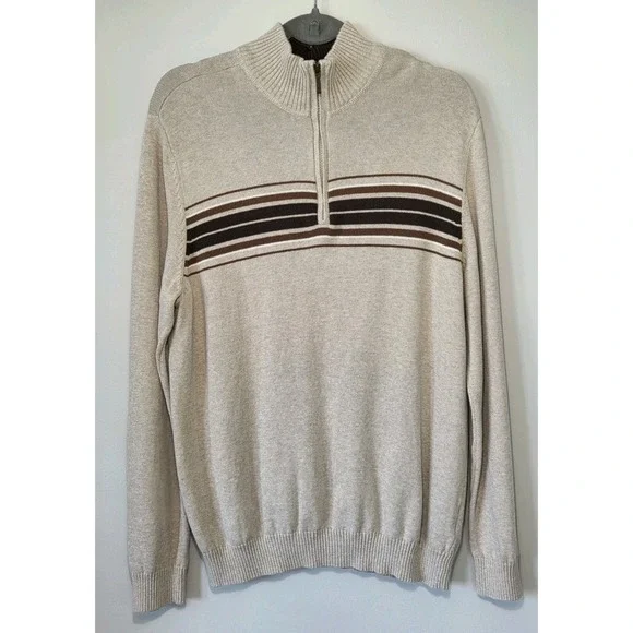 Sun River Sweater Men's Large Quarter Zip Pullover Beige Brown Cotton