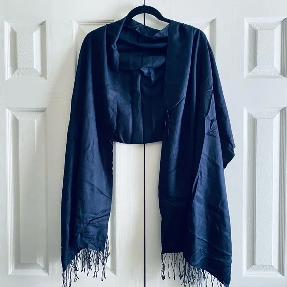 STUDIO 36 NAVY FRINGE TRIM RECTANGLE SCARF COASTAL PREPPY Made In India Blue