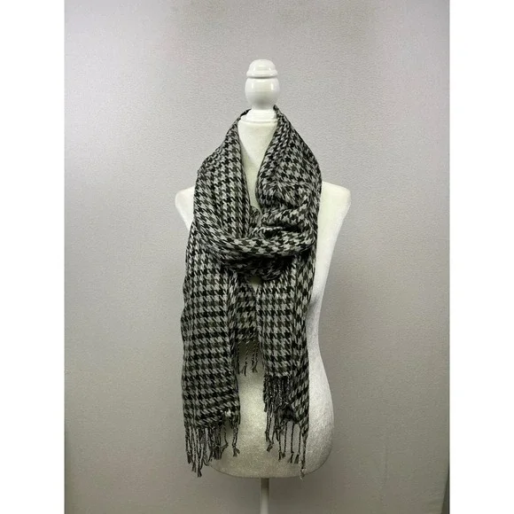 Dark Academia Unbranded Women OS‎ Black Olive Houndstooth Fringe Oversized Scarf