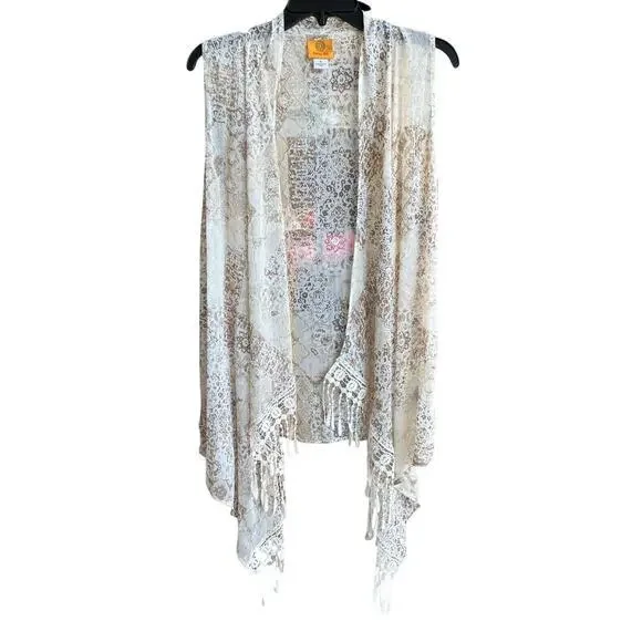 Ruby Rd. bohemian fringe kimono duster Neutral tan print vest festival NWT Sz S