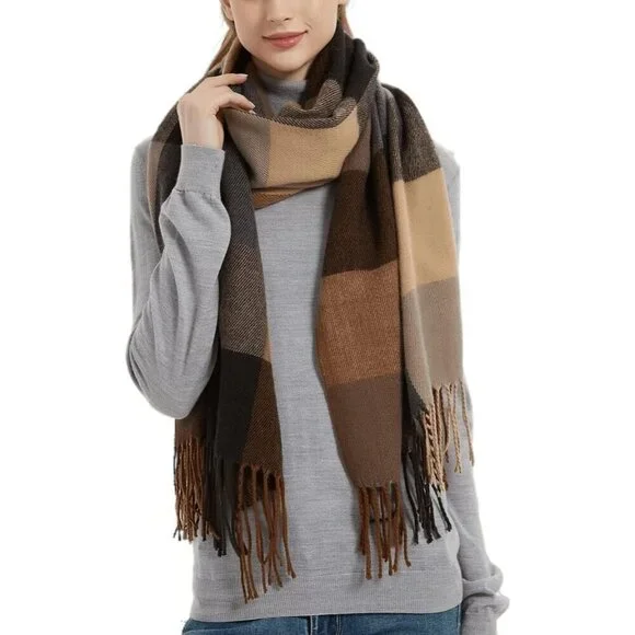 Women's Coffee Fashion Long Shawl Big Grid Winter Warm Lattice Large Scarfs