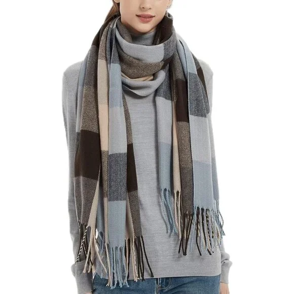 Women's Blue Brown Fashion Long Shawl Big Grid Winter Warm Lattice Large Scarfs