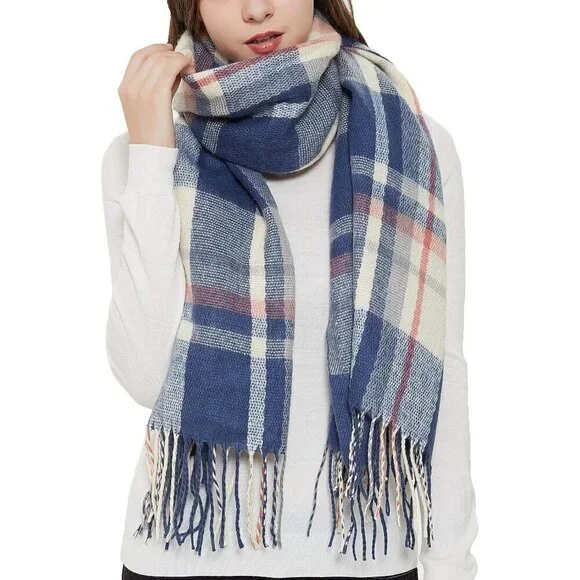 Women's Blue Fashion Long Shawl Big Grid Winter Warm Lattice Large Scarfs