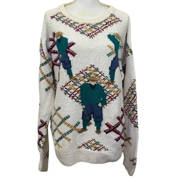 Vintage Northern Isles Golf Intarsia Hand Knit Sweater XL Cream Cabin Grandpa