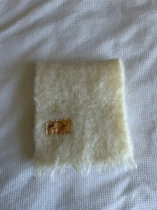 Vintage Scottish 100% Mohair Scarf Soft Cream Made in Scotland 45”x9”