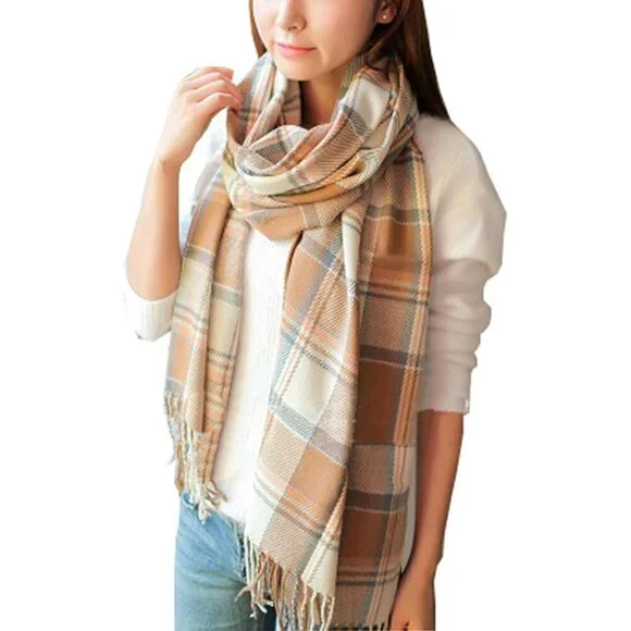 Women's Beige Fashion Long Shawl Big Grid Winter Warm Lattice Large Scarfs