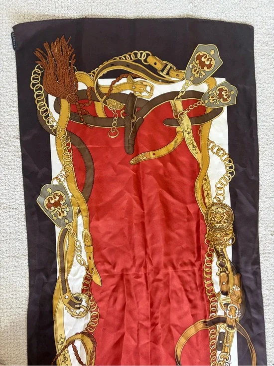 Talbots 100% Silk Equestrian Scarf Brown Red Gold Carriage Print