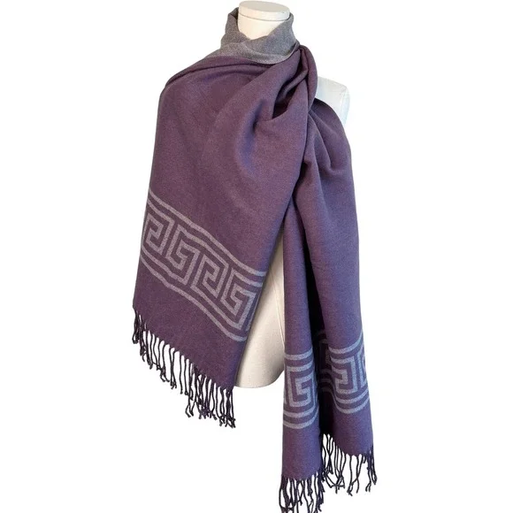 Alpaca Wool Scarf Purple Grey Greek Key Reversible Wrap OS Peru Fringe Shawl
