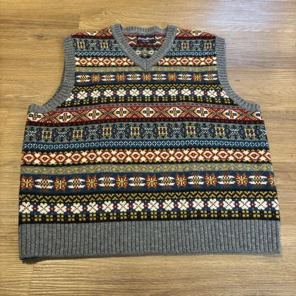 Rowing Blazers Fair Isle Knit Sweater Vest Sz L 100% Lambswool V-neck Preppy EUC