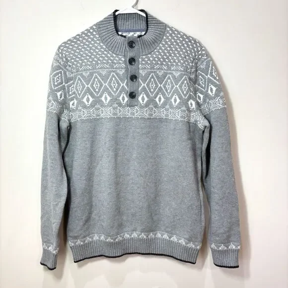 Jos A Bank 1905 Tailored Fit Chunky Knit Henley Sweater Men L Gray Fair Isle