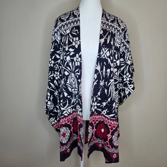 Chicos Navy Blue Red‎ Floral Silk Cotton Knit Kimono Wrap Shawl One Size