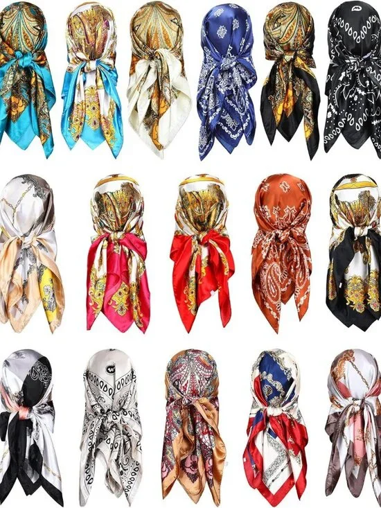16 Satin Head Scarves for Women - Large Square Hair Wraps, Silk-Like Bandanas