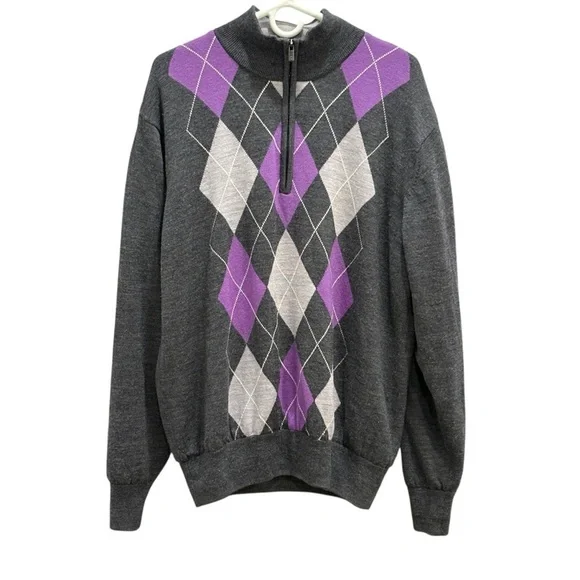 FootJoy Argyle Golf Sweater Men Large Purple Gray Knit 1/4 Zip Pullover