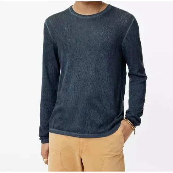 JOHN VARVATOS Mens Sweater Medium Navy Gray Crew CAMDEN Mesh Stitch Sheer $228