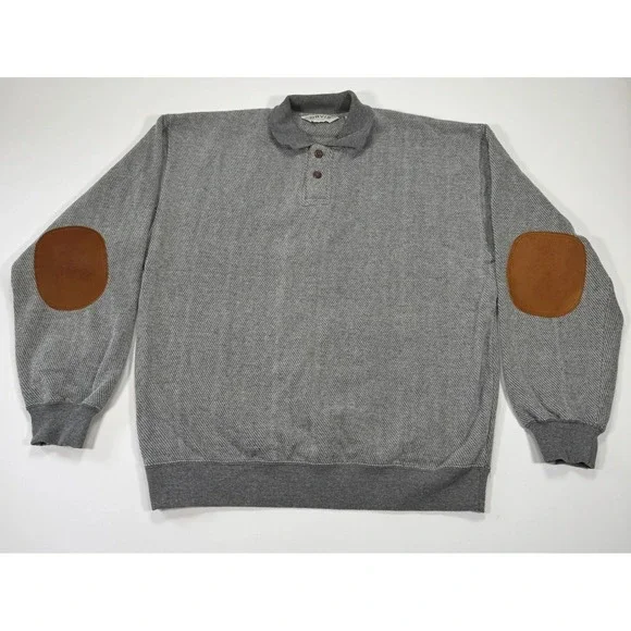 Vintage Orvis Elbow Patch Pullover Sweater Mens L Gray Herringbone Cotton Knit