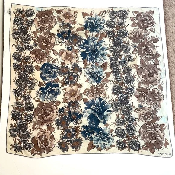 Valentino Petrol blue brown floral square silk scarf