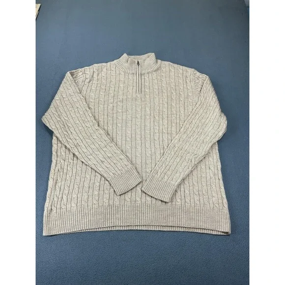 Lands' End Sweater Mens XL Beige Cable-Knit Mock Neck 1/4 Zip Wool Pullover