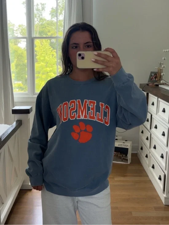 Comfort Colors Blue Crewneck Sweatshirt with Orange Clemson Paw