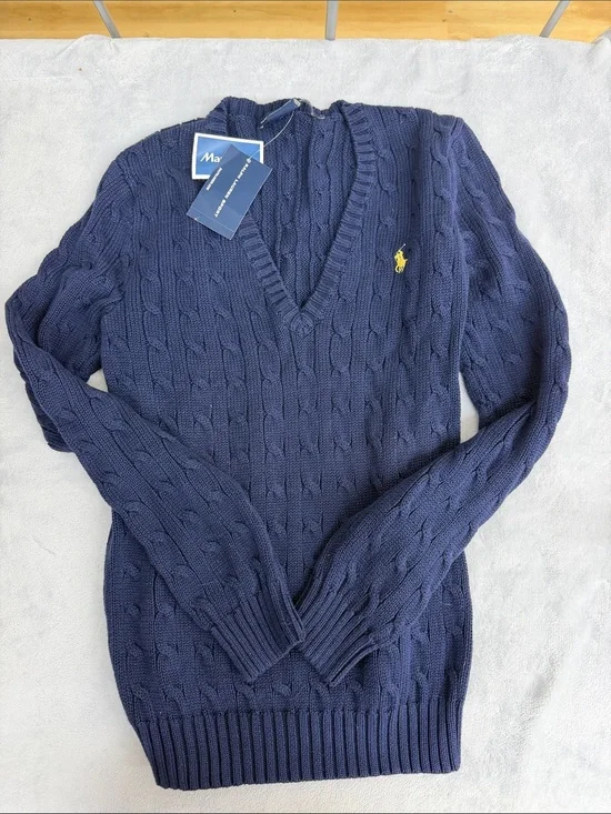 Polo by Ralph Lauren Navy Cable V-Neck Sweater with Yellow Pony