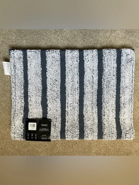 Navy and White Striped Plush Bath Rug