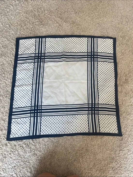 Navy and White Polka Dot Plaid Silk Scarf