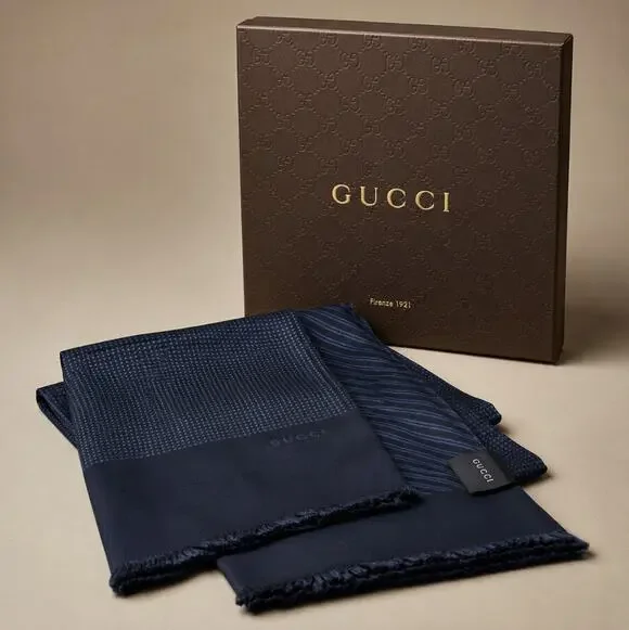 GUCCI Reversible Silk Ascot Skinny Scarf Navy Blue Made in Italy 52