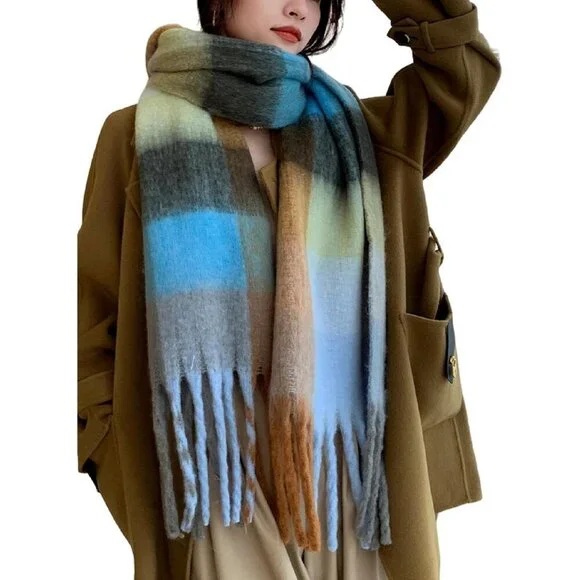 Women's Green Cyan Black Winter Warm Long Shawl Cold Weather Thick Blanket Scarf